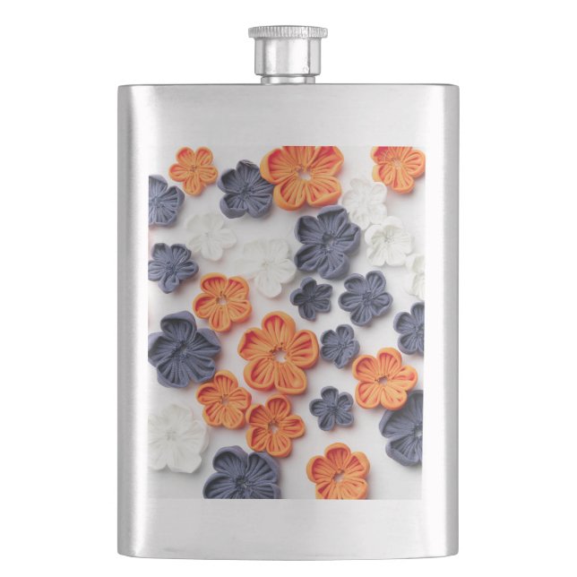 Spring handmade sewn fabric flowers orange blue  hip flask (Front)
