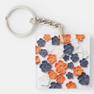 Spring handmade sewn fabric flowers orange blue  key ring