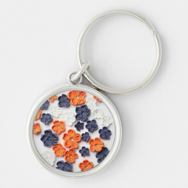 Spring handmade sewn fabric flowers orange blue  key ring (Front)