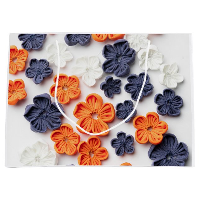 Spring handmade sewn fabric flowers orange blue  large gift bag (Front)