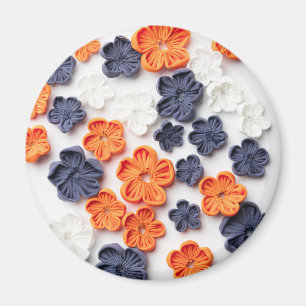 Spring handmade sewn fabric flowers orange blue  magnet