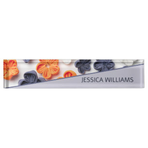Spring handmade sewn fabric flowers orange blue nameplate