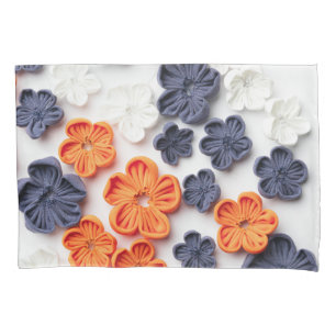 Spring handmade sewn fabric flowers orange blue  pillowcase