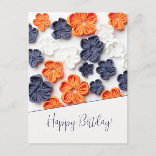 Spring handmade sewn fabric flowers orange blue postcard