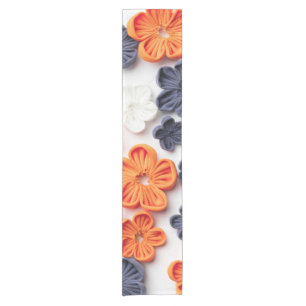 Spring handmade sewn fabric flowers orange blue short table runner