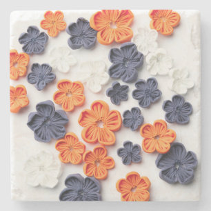 Spring handmade sewn fabric flowers orange blue  stone coaster