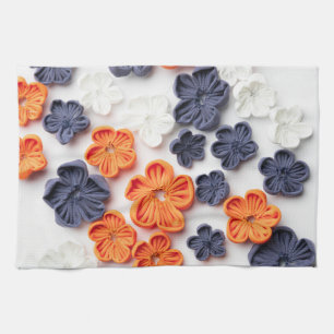 Spring handmade sewn fabric flowers orange blue  tea towel