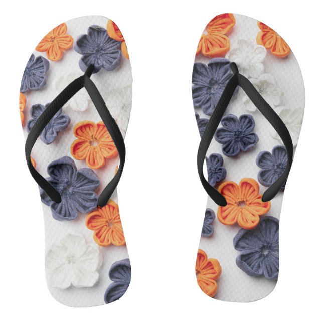 Spring handmade sewn fabric flowers orange blue  thongs (Footbed)