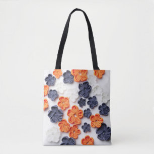 Spring handmade sewn fabric flowers orange blue tote bag