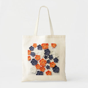 Spring handmade sewn fabric flowers orange blue tote bag