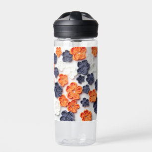 Spring handmade sewn fabric flowers orange blue water bottle