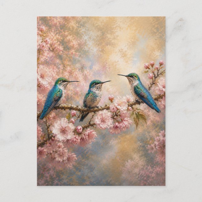 Spring Harmony, Hummingbirds Among Cherry Blossoms Postcard (Front)