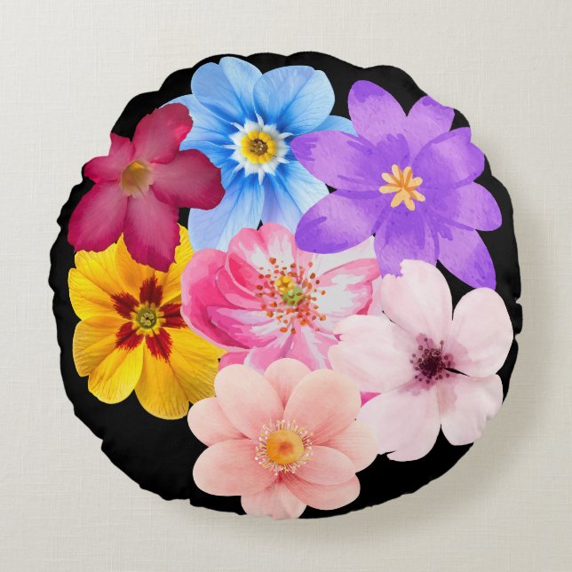 Spring Harmony - Mixed Watercolor Flower Bouquet Round Cushion (Front)