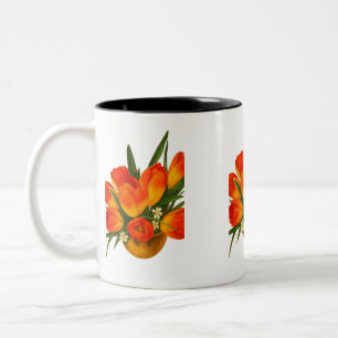 Spring Harmony – Orange & Yellow Tulips Two-Tone Coffee Mug