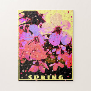 Spring Hot Pink Cherry Blossom on Yellow Jigsaw Puzzle
