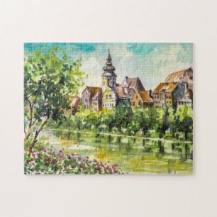 Spring in small city on the river jigsaw puzzle