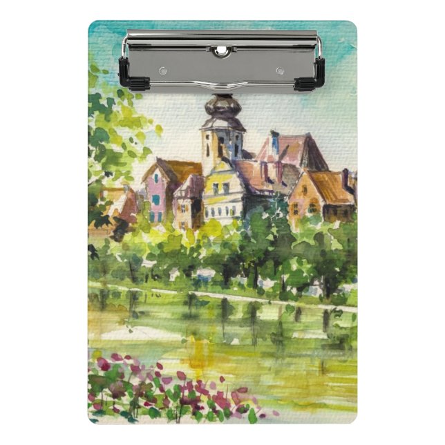 Spring in small city on the river mini clipboard (Front)