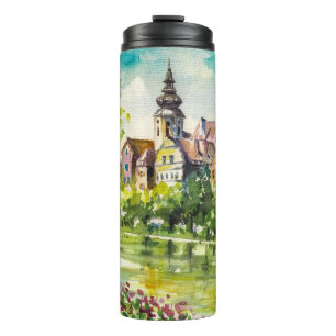 Spring in small city on the river thermal tumbler