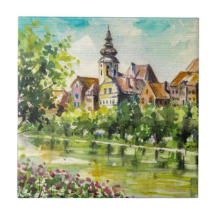 Spring in small city on the river tile