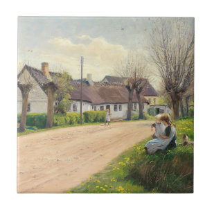 Spring in the village with girls on the roadside ceramic tile