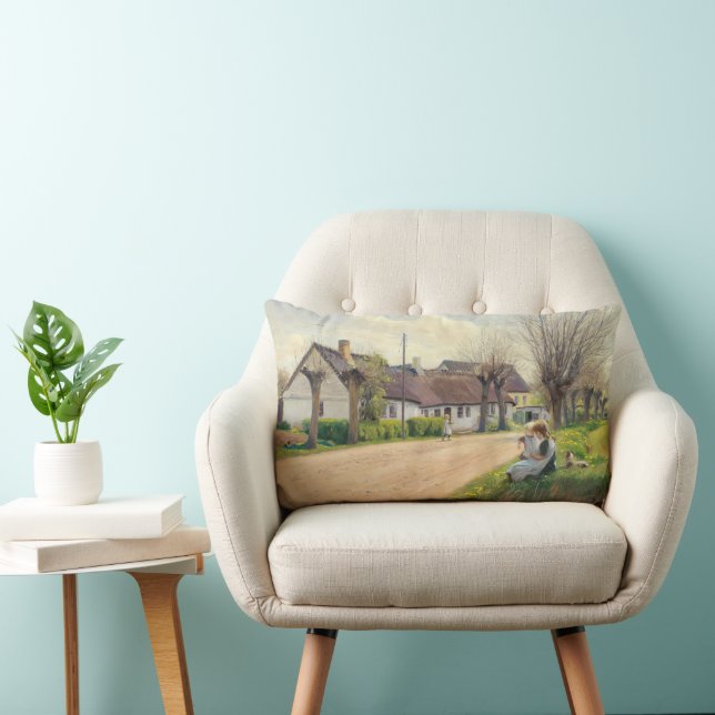 Spring in the village with girls on the roadside lumbar cushion (Chair)
