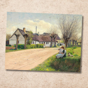 Spring in the village with girls on the roadside postcard