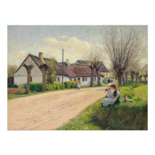 Spring in the village with girls on the roadside poster