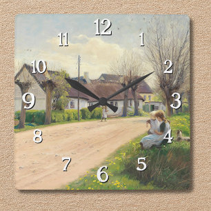 Spring in the village with girls on the roadside square wall clock