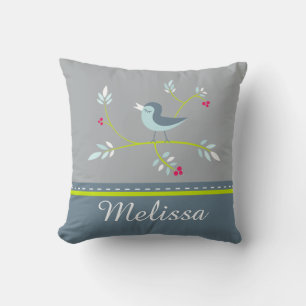 Spring Inspired Floral Bird Custom Name Design Cushion