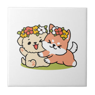 Spring Into Cuteness – Adorable Dog Illustration  Ceramic Tile