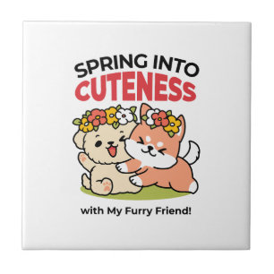 Spring Into Cuteness – Adorable Dog Illustration  Ceramic Tile