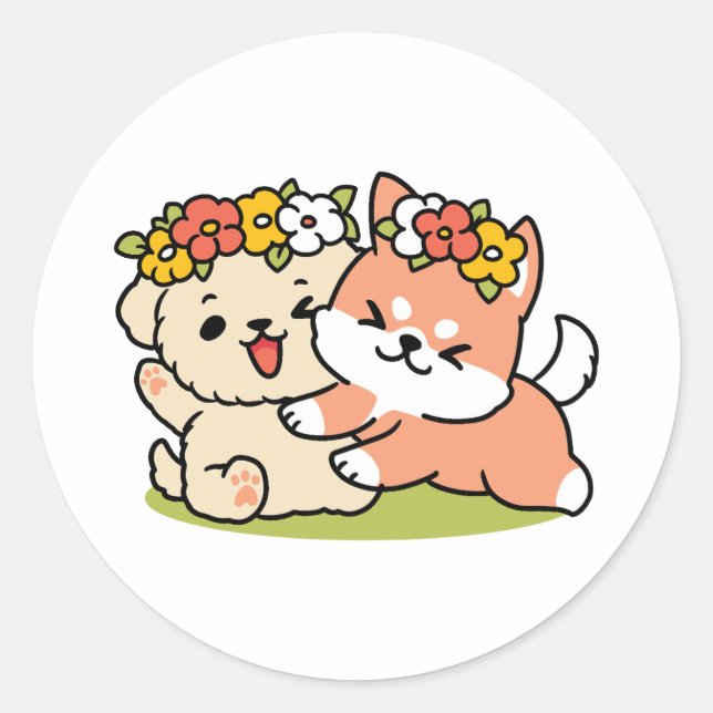 Spring Into Cuteness – Adorable Dog Illustration  Classic Round Sticker (Front)
