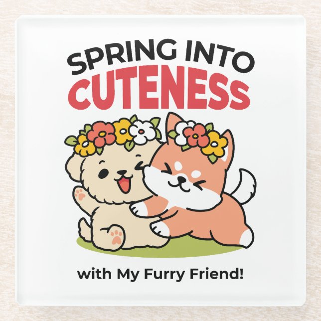 Spring Into Cuteness – Adorable Dog Illustration  Glass Coaster (Front)