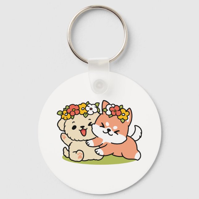 Spring Into Cuteness – Adorable Dog Illustration  Key Ring (Front)