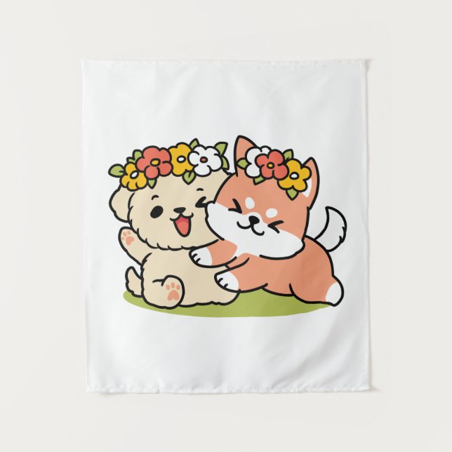 Spring Into Cuteness – Adorable Dog Illustration  Tapestry (Front)