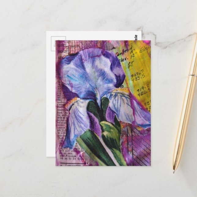 Spring Iris Flower mixed media collage Postcard (Front/Back In Situ)