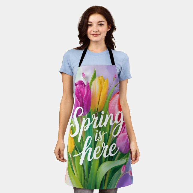 "Spring is Here" Tulip Bouquet Illustration Apron (Worn)
