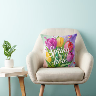"Spring is Here" Tulip Bouquet Illustration Cushion