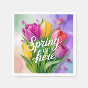 "Spring is Here" Tulip Bouquet Illustration Napkin