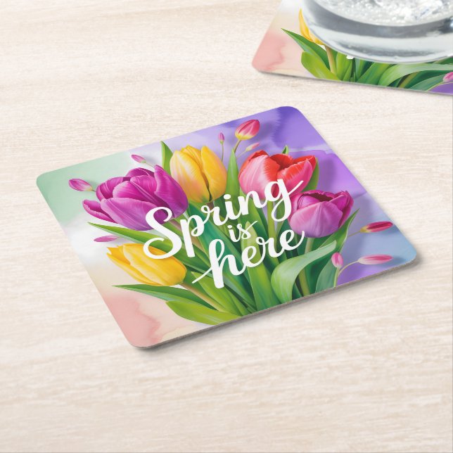 "Spring is Here" Tulip Bouquet Illustration Square Paper Coaster (Angled)