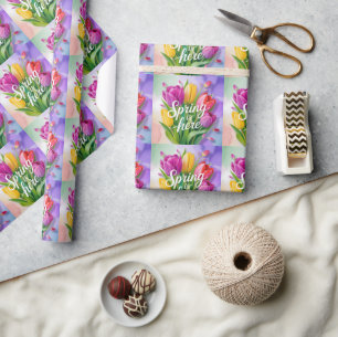 "Spring is Here" Tulip Bouquet Illustration Wrapping Paper