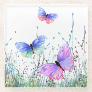 Spring Joy - Colourful Butterflies Flying in Natur Glass Coaster
