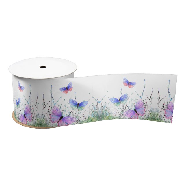 Spring Joy - Colourful Butterflies Flying in Natur Satin Ribbon (Spool)