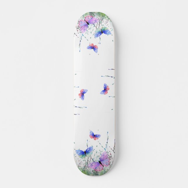 Spring Joy - Colourful Butterflies Flying in Natur Skateboard (Front)