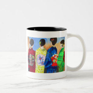 Spring kimono Japanese Geisha art Two-Tone Coffee Mug