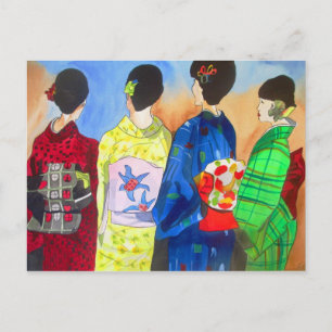 Spring Kimono Japanese Geisha watercolor art Postcard