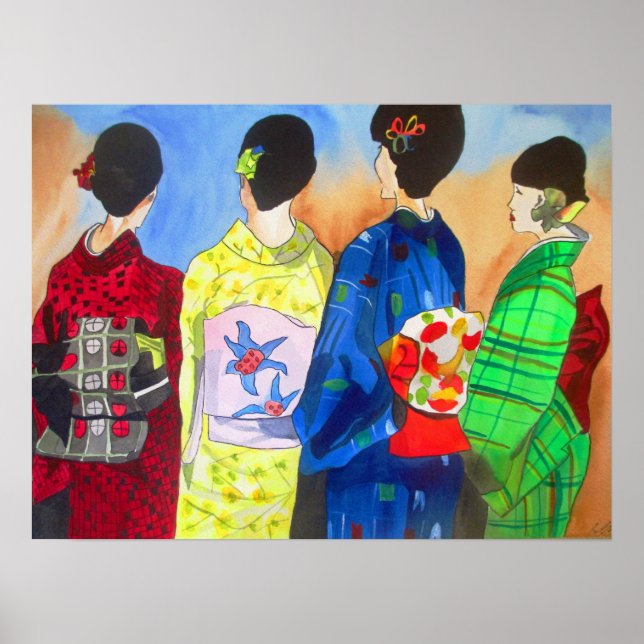 Spring Kimono Japanese Geisha watercolor Poster (Front)