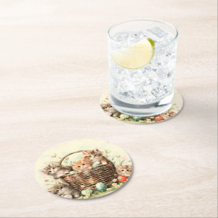 Spring Kitten Easter Basket Round Paper Coaster