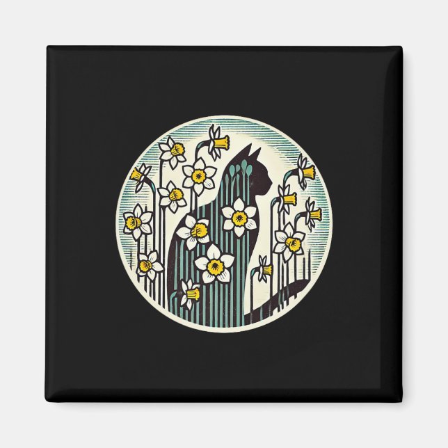 Spring Kitty Cat Illustration Daffodil Cats Easter Magnet (Front)