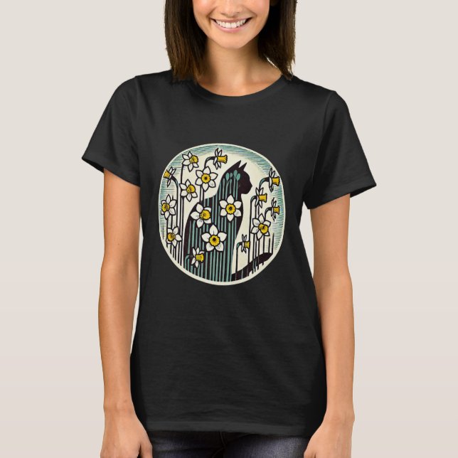 Spring Kitty Cat Illustration Daffodil Cats Easter T-Shirt (Front)
